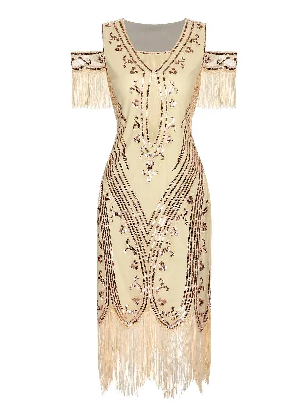 1920s Cold Shoulder Embroidered Fringe Sequins Dress