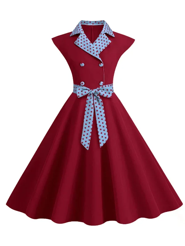 1950s Contrast Polka Dots Bowknot Belted Dress