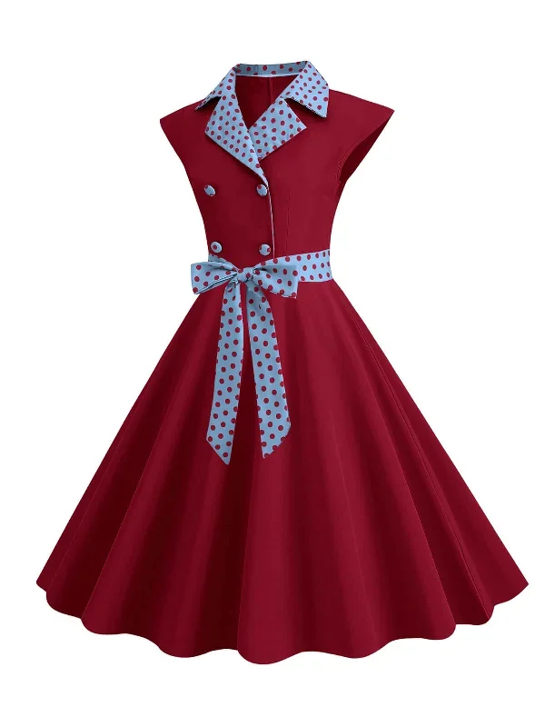 1950s-contrast-polka-dots-bowknot-belted-dress