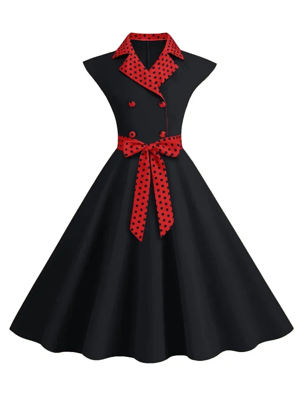 1950s-contrast-polka-dots-bowknot-belted-dress