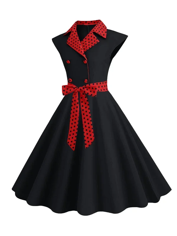 1950s-contrast-polka-dots-bowknot-belted-dress