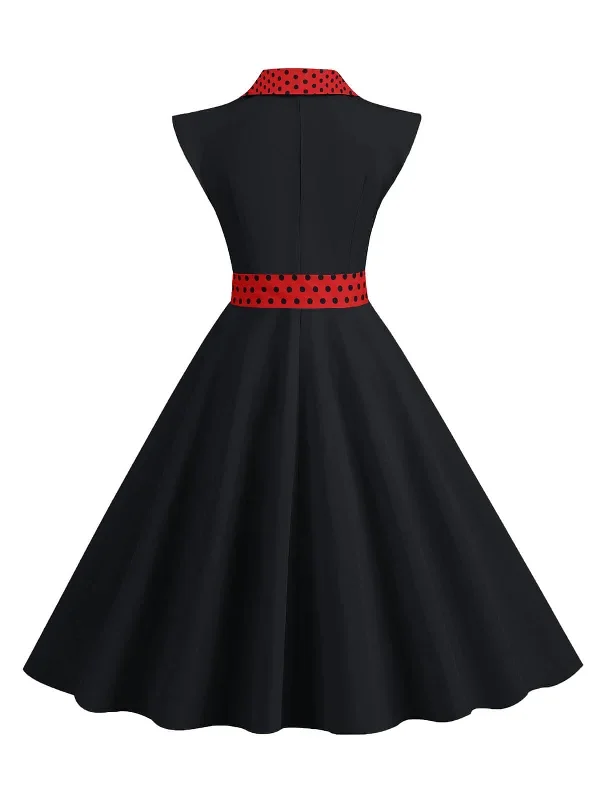 1950s-contrast-polka-dots-bowknot-belted-dress