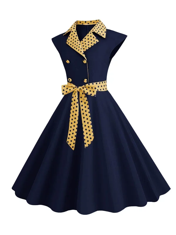 1950s-contrast-polka-dots-bowknot-belted-dress