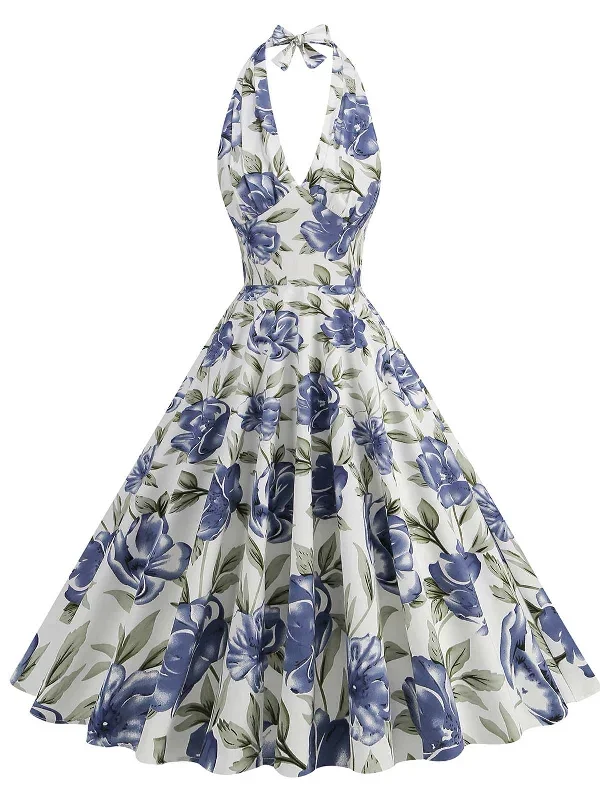 1950s Halter Floral Sleeveless Dress