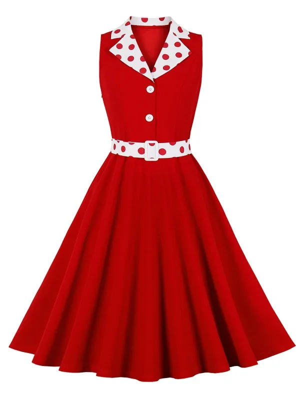 1950s Lapel Polka Dots Sleeveless Belted Dress