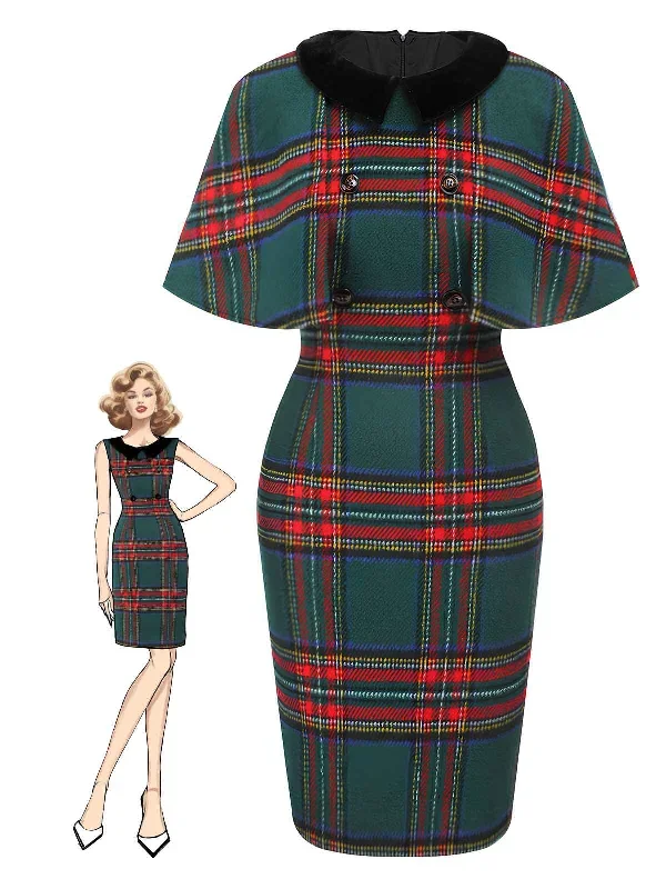 1960s Plaid Cloak Sleeve Velvet Collar Dress