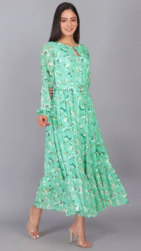 Aqua green puff sleeves maxi dress