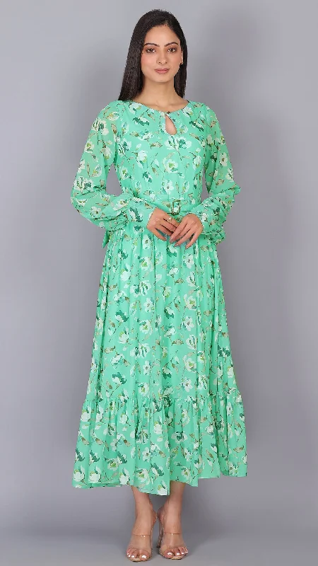 Aqua green puff sleeves maxi dress