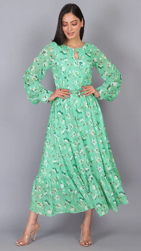 Aqua green puff sleeves maxi dress