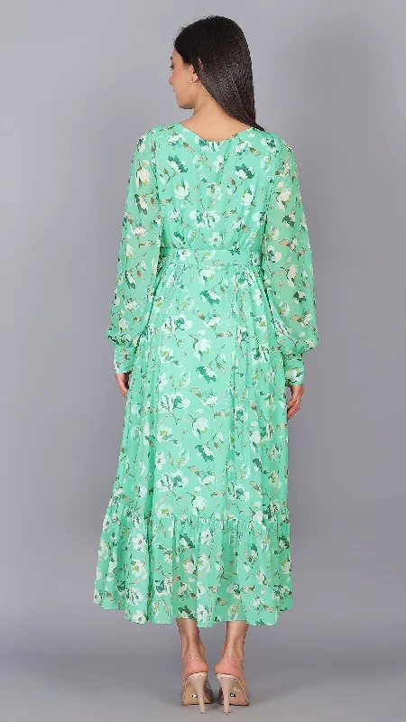 Aqua green puff sleeves maxi dress