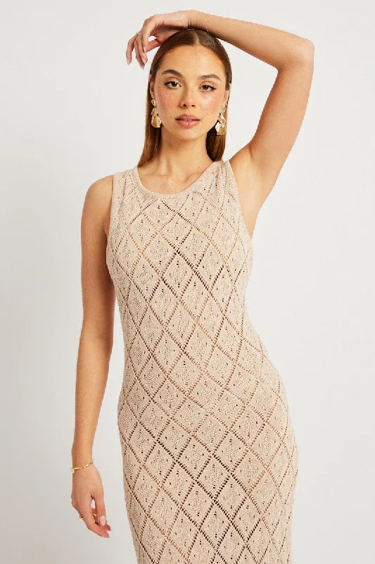 Beige Knit Dress Sleeveless Maxi