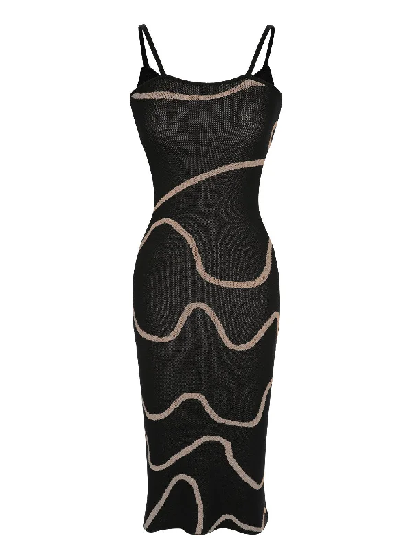 Black 1960s Knit Spaghetti Straps Bodycon Dress