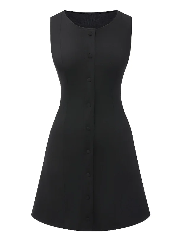 Black 1960s Solid Button Sleeveless Bodycon Dress