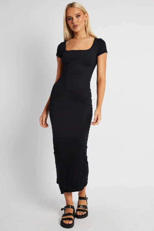 Black Bodycon Dress Short Sleeve Maxi