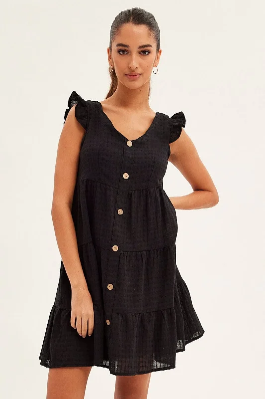 Black Button Front Mini Swing Dress