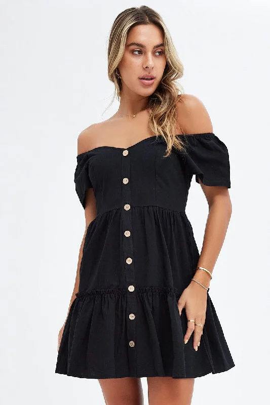 Black Button Front Mini Swing Dress