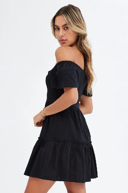 Black Button Front Mini Swing Dress