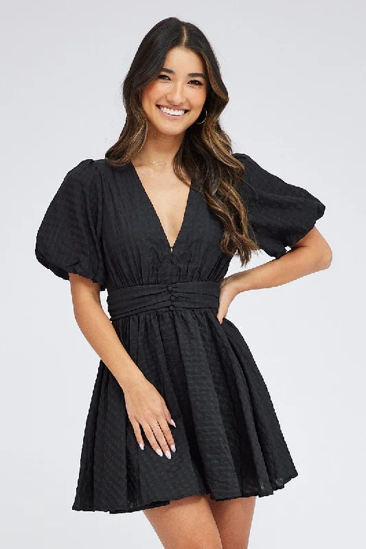 Black Fit And Flare Dress Puff Sleeve Mini