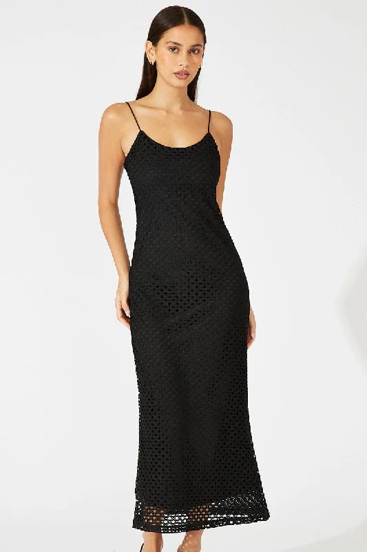 Black Midi Bodycon Dress Sleeveless Crochet