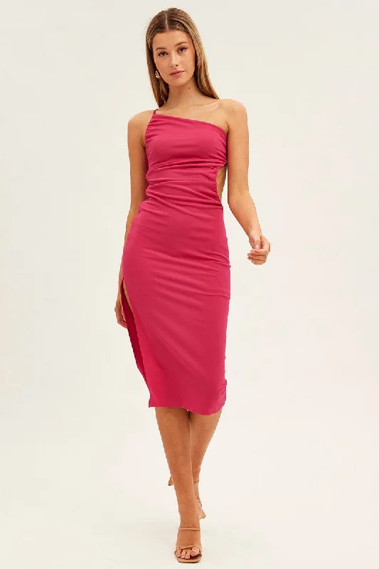 Magenta One Shoulder Dress Midi Bodycon