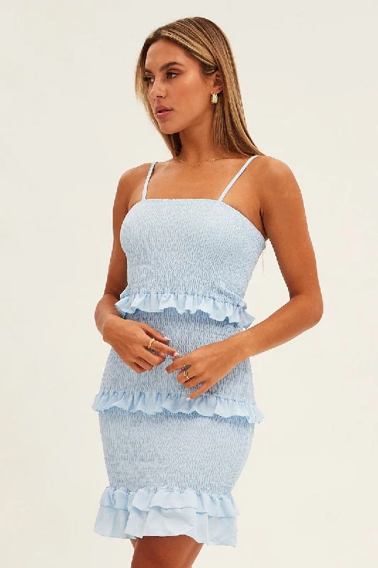 Blue Shirred Bodycon Dress