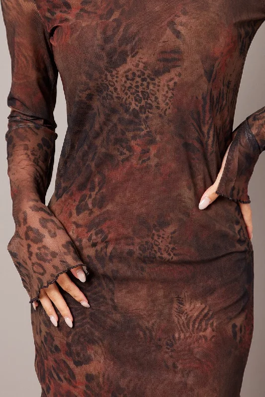 Brown Abstract Bodycon Dress High Neck Mini Long Sleeve