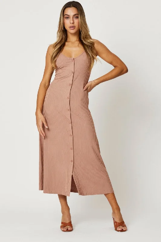 Brown Button Front Dress Sleeveless Maxi Rib