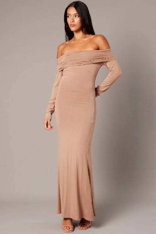 Brown Off Shoulder Dress Long Sleeve Maxi