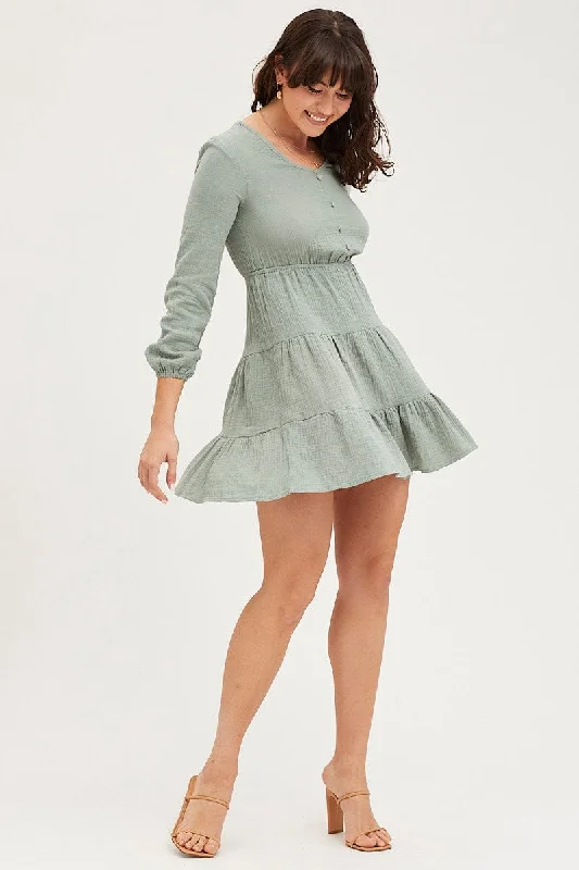 Green Skater Dress Long Sleeve Mini