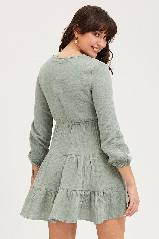 Green Skater Dress Long Sleeve Mini