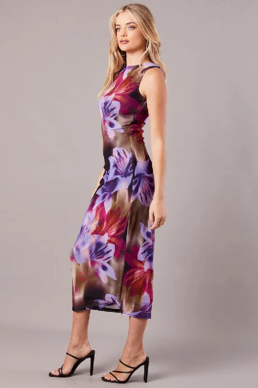 Multi Floral Bodycon Dress Round Neck Sleeveless Mesh