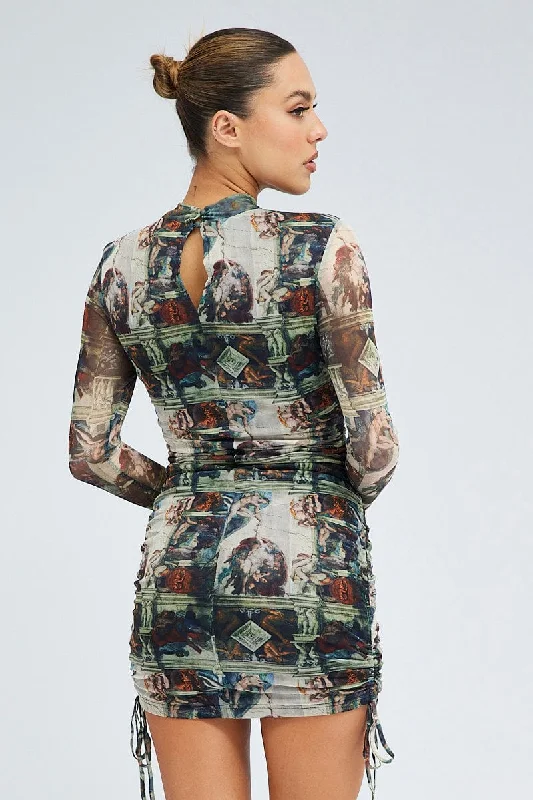 Multi Print Bodycon Dress Ruched Side Long Sleeve Mini