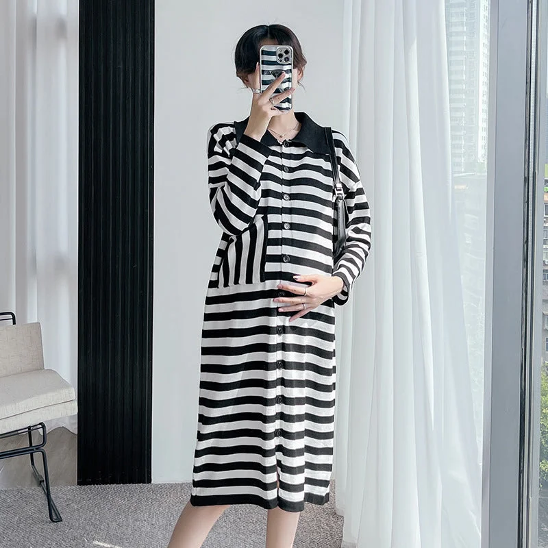 NiDELL . Autumn and Winter Maternity Dress New Loose Casual Long Striped Knitted Korean Maternity Dress