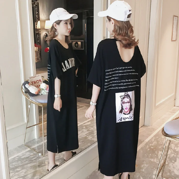 NiDELL Design Maternity Dress round Neck Dress Goddess Temperament Skirt Korean Style Loose Temperament Trendy Mom Maternity Dress Summer