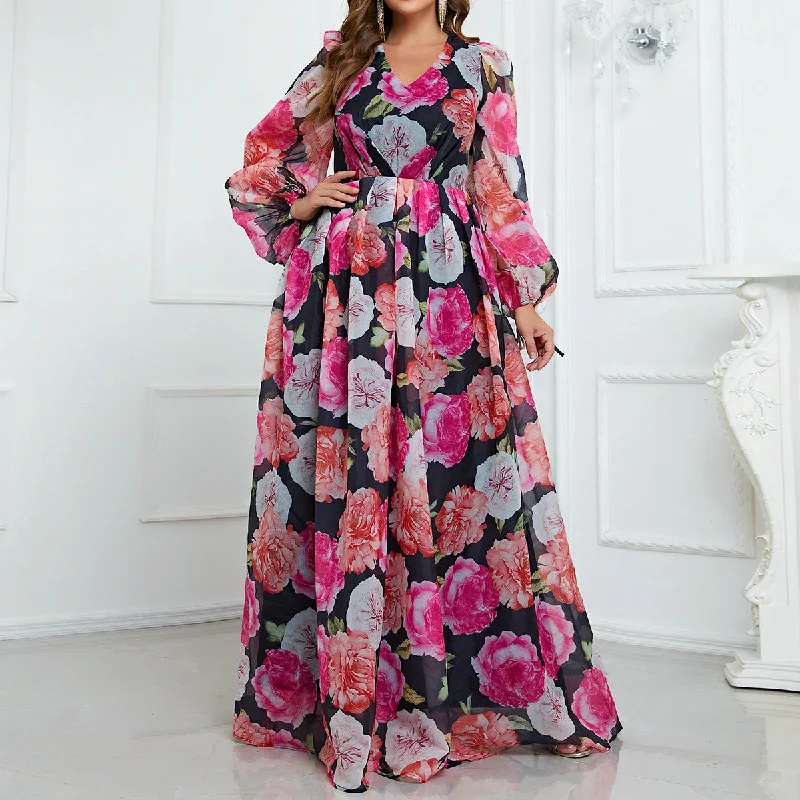 NiDELL Europe and America Cross Border plus Size Dress Chiffon Floral Holiday Dress Puff Sleeve Maxi Dress-FMGN152-1