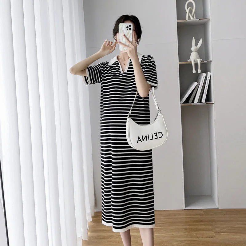 NiDELL . Fashion Striped Maternity Knitted Dress New Long Dress Lapel Short Sleeve over-the-Knee Maternity Dress