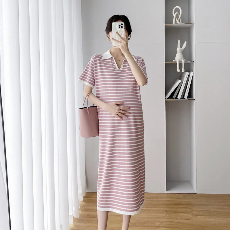 NiDELL Fashion Striped Maternity Knitted Dress New Mid-Length Lapel Short Sleeve Straight over-the-Knee Ice Silk Maternity Dress