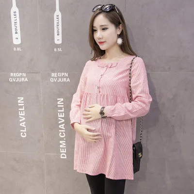 NiDELL Fashionable Spring and Autumn Clothing Pregnant Women's Striped Bow Mid-Length Dress Fashionable Mom's Four-Season Shirt