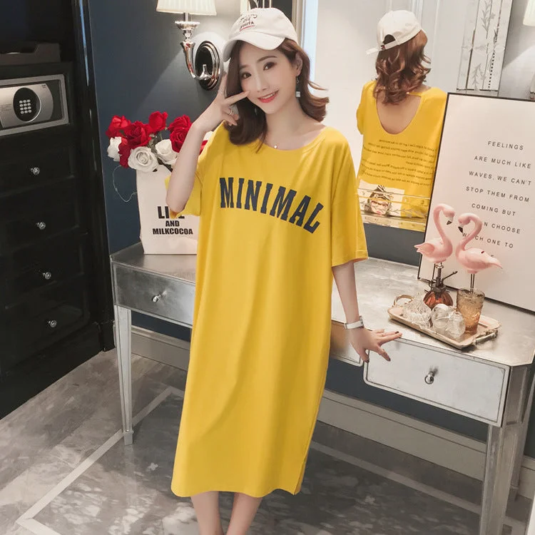 NiDELL Korean Style Ins Long Dress Loose plus Size 200 Short Sleeve Pajamas Women's Sexy Backless Pregnant Women's Belly Covering Home Dress