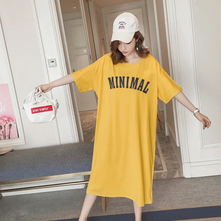 NiDELL Korean Style Ins Long Dress Loose plus Size 200 Short Sleeve Pajamas Women's Sexy Backless Pregnant Women's Belly Covering Home Dress