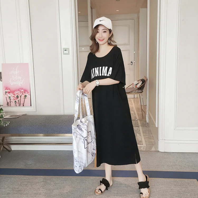 NiDELL Korean Style Ins Long Dress Loose plus Size 200 Short Sleeve Pajamas Women's Sexy Backless Pregnant Women's Belly Covering Home Dress