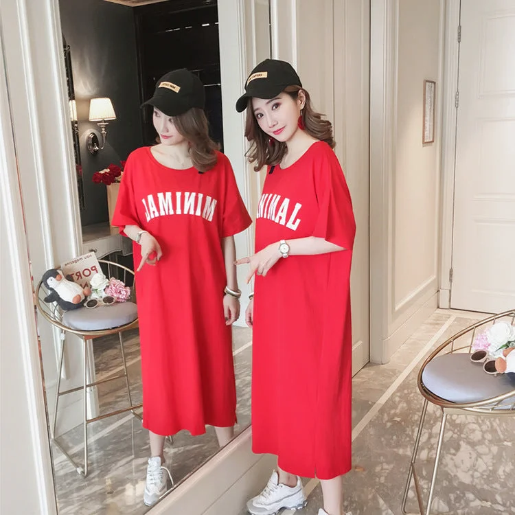 NiDELL Korean Style Ins Long Dress Loose plus Size 200 Short Sleeve Pajamas Women's Sexy Backless Pregnant Women's Belly Covering Home Dress