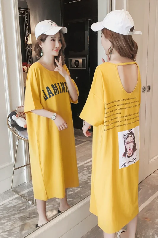 NiDELL Korean Style Ins Long Dress Loose plus Size 200 Short Sleeve Pajamas Women's Sexy Backless Pregnant Women's Belly Covering Home Dress