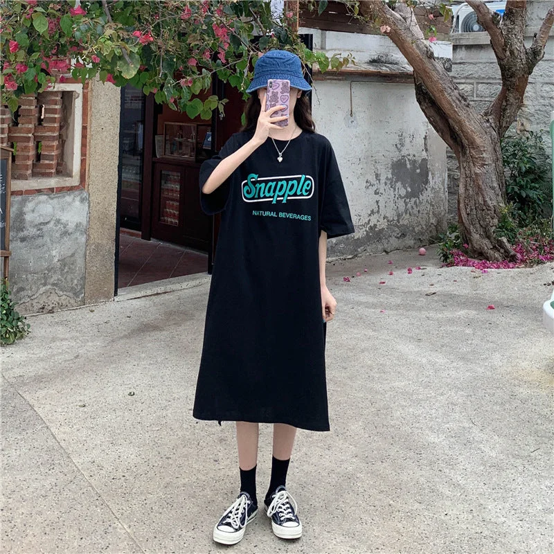 NiDELL . Korean Style Plump Girls Large Size Women's Clothing Summer Mid-Length Loose Belly-Covering Maternity Clothes Short Sleeve Casual T-shirt Skirt Fashion