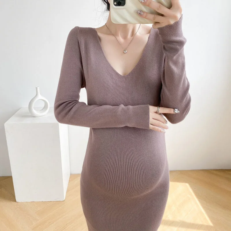 NiDELL Maternity Clothes . Autumn New V-neck Slim Fit Hot Mom All-Match Bottoming Shirt Knitted Mid-Length Dress Woolen Skirt