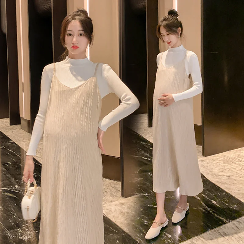 NiDELL Maternity Clothes . Fall Pregnant Women Base Dress Sweater Two-Piece Long Dress