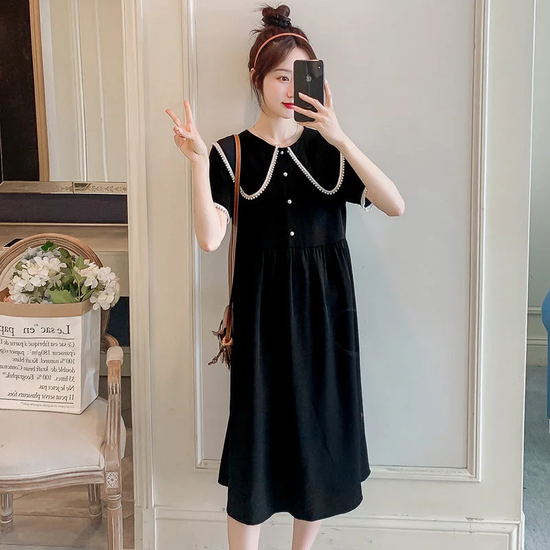 NiDELL Maternity Dress 2020 Breastfeeding New Korean Style Short Sleeve Solid Color Slimming Youthful-Looking Hot Mom Long Dress