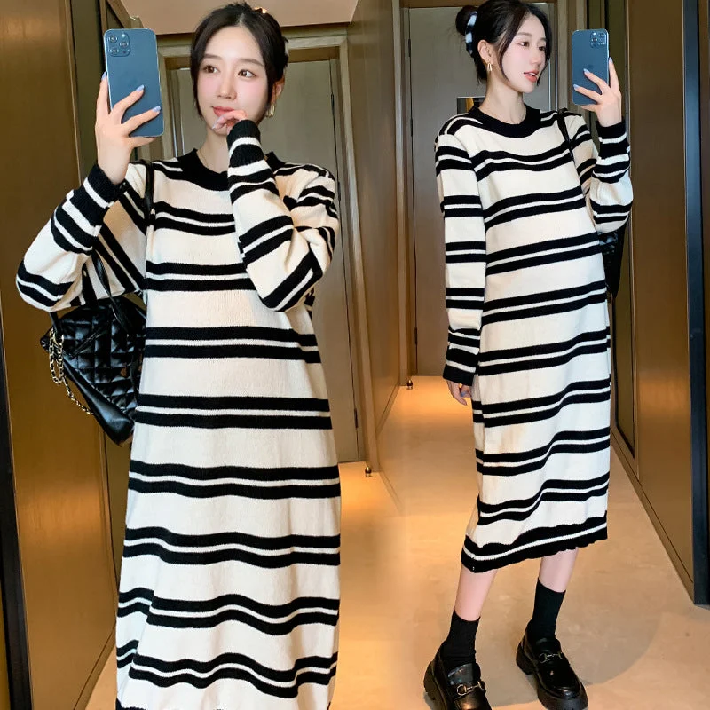 NiDELL Maternity Dress . Autumn and Winter Idle Style Striped Flab Hiding Korean Style Loose Dress Long Dress