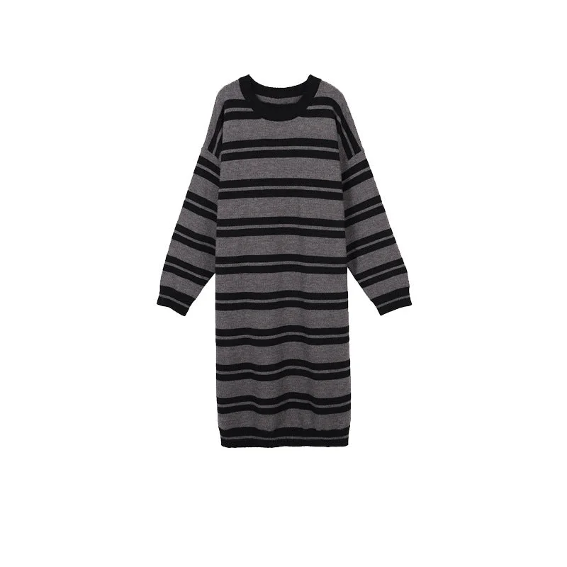 NiDELL Maternity Dress . Autumn and Winter Idle Style Striped Flab Hiding Korean Style Loose Dress Long Dress