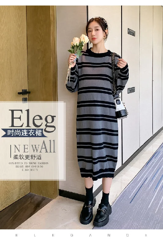 NiDELL Maternity Dress . Autumn and Winter Idle Style Striped Flab Hiding Korean Style Loose Dress Long Dress